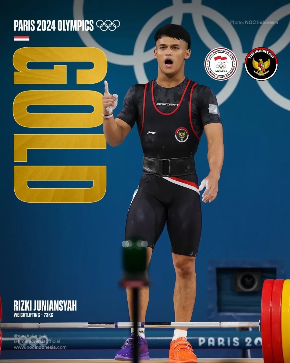 Atlet angkat besi Indonesia, Rizki Juniansyah, berhasil menambah koleksi medali emas untuk Indonesia di Olimpiade Paris 2024. (Foto :AkunX@dian widiyanarko)